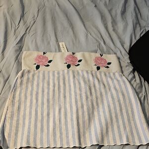 For love & lemons White & Blue Striped Mini Skirt with Pink Rose Embroidery